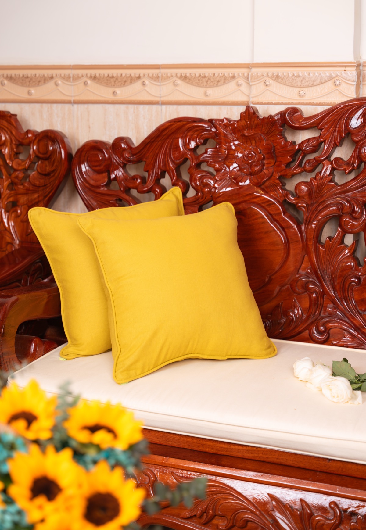 Golden silk cushions with sunflowers