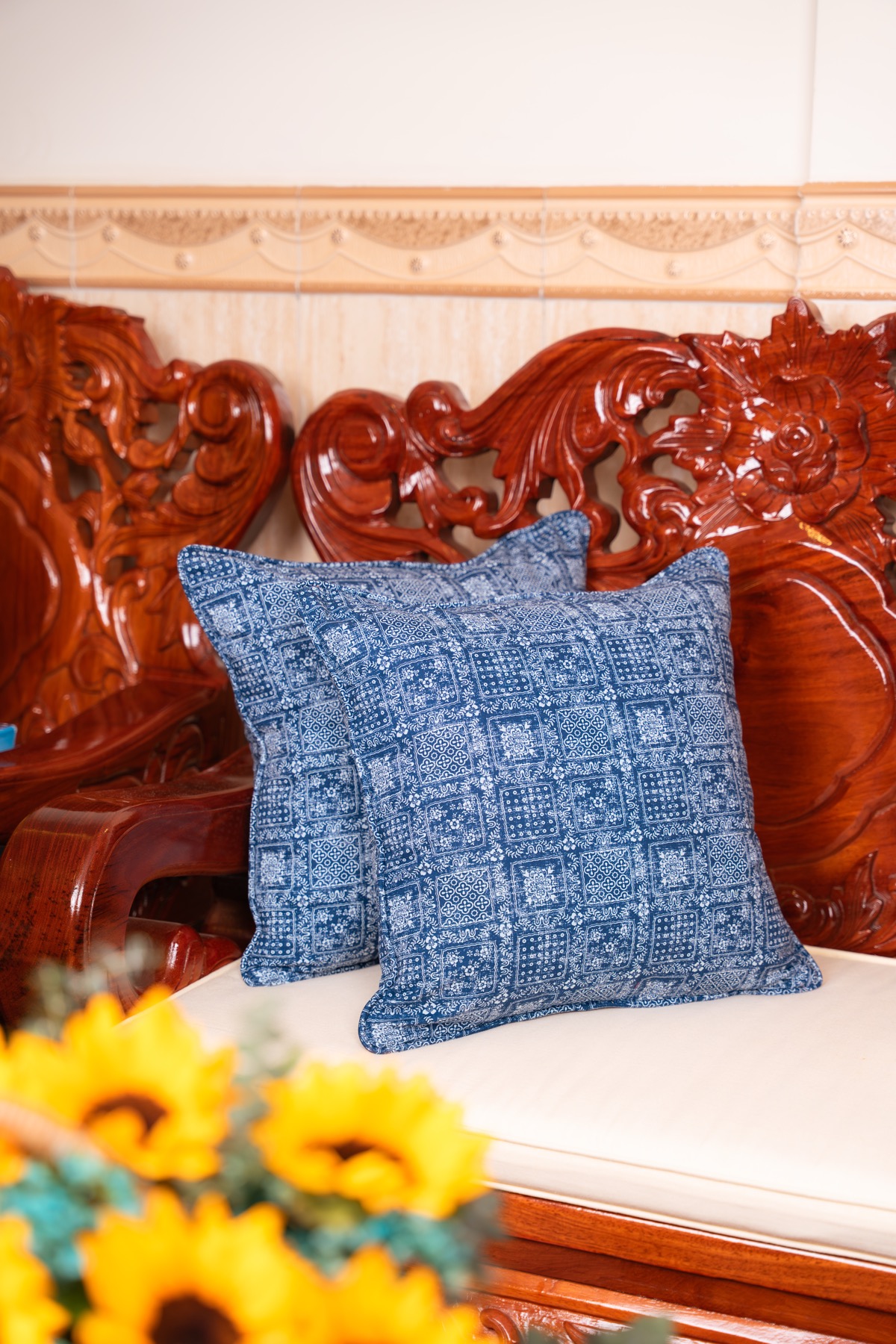 Indigo patchwork cushions