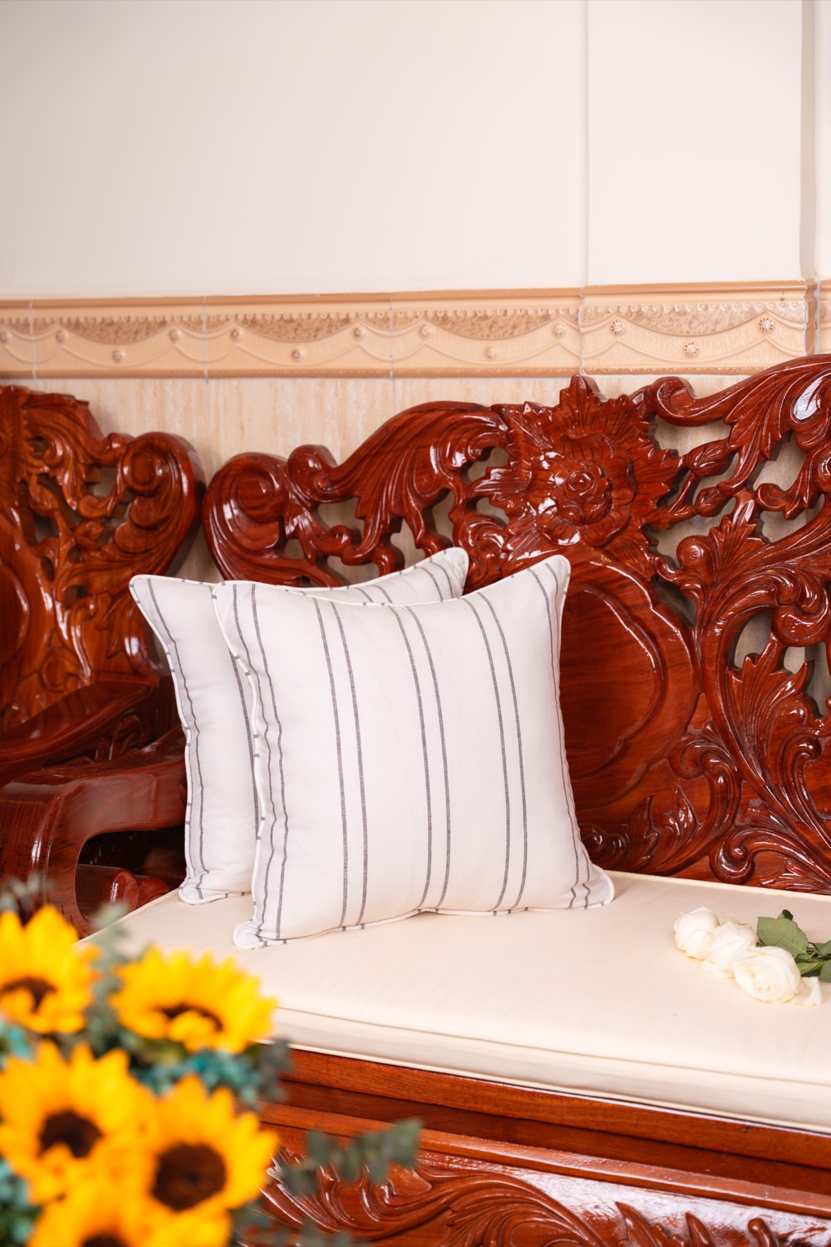 White pinstripe cushions